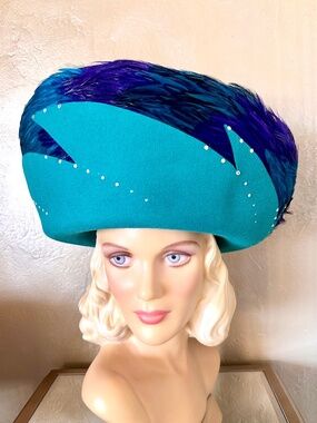 DESIGNER 1980s'/90s' AQUA & PURPLE  FELT "CHURCH" HAT + FEATHERS/RHINESTONES